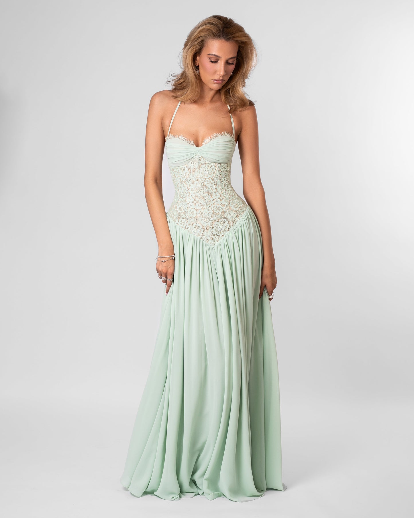Women mint green lace corset maxi dress with sweetheart neckline and lace up back