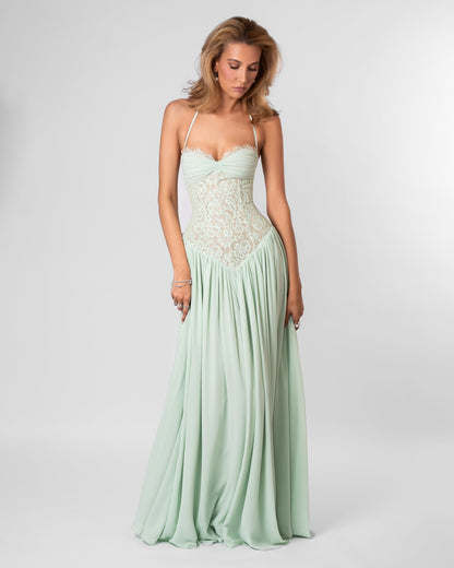 Women mint green lace corset maxi dress with sweetheart neckline and lace up back
