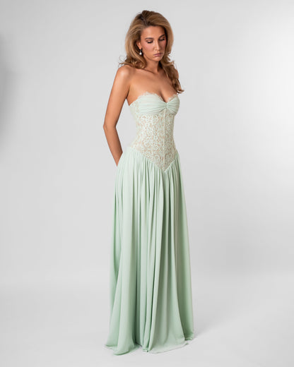 Women mint green lace corset maxi dress with sweetheart neckline and lace up back
