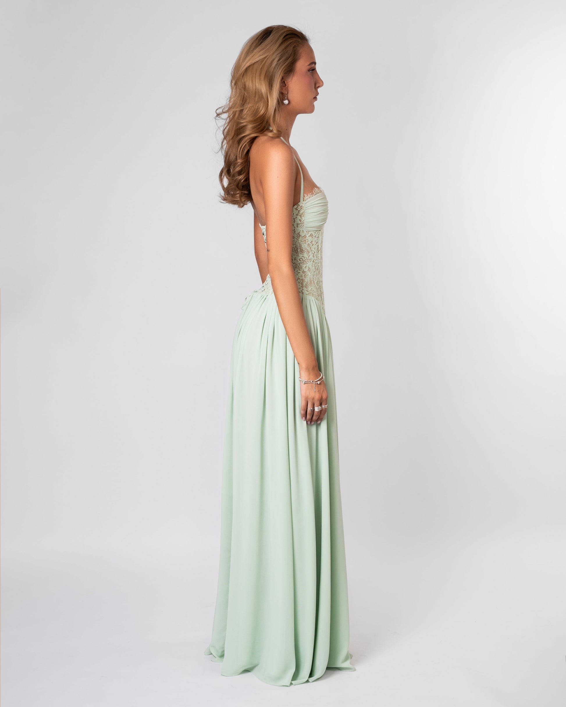 Women mint green lace corset maxi dress with sweetheart neckline and lace up back