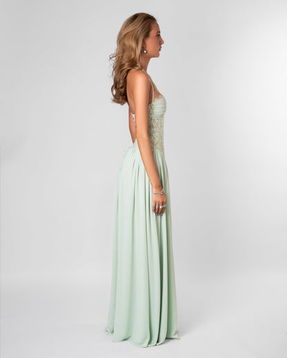 Women mint green lace corset maxi dress with sweetheart neckline and lace up back