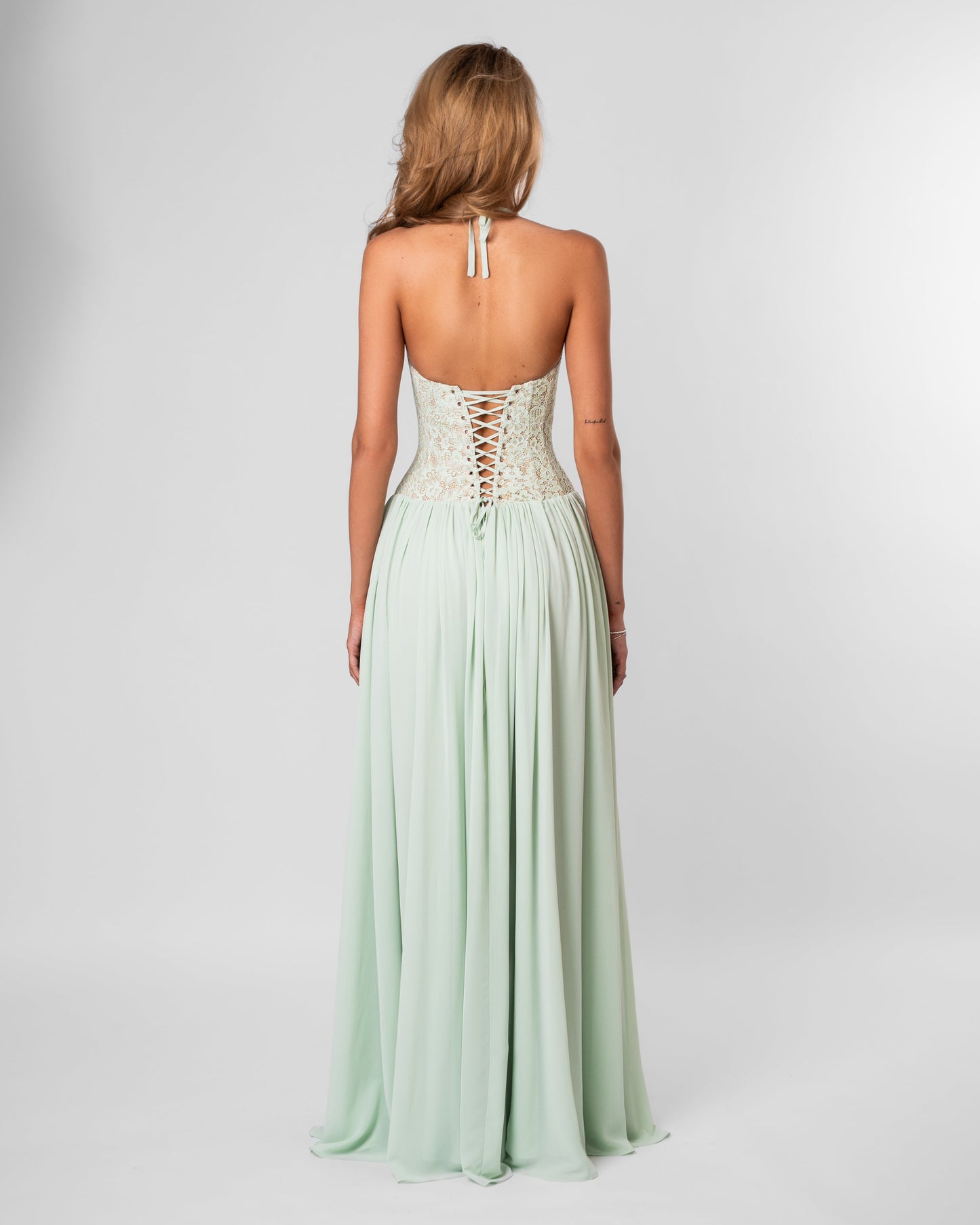 Women mint green lace corset maxi dress with sweetheart neckline and lace up back