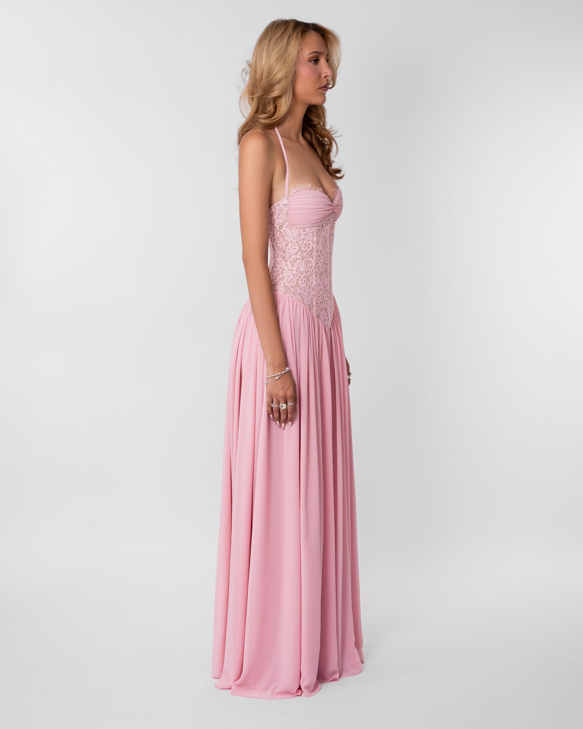 Women pink lace corset maxi dress with sweetheart neckline and lace up back