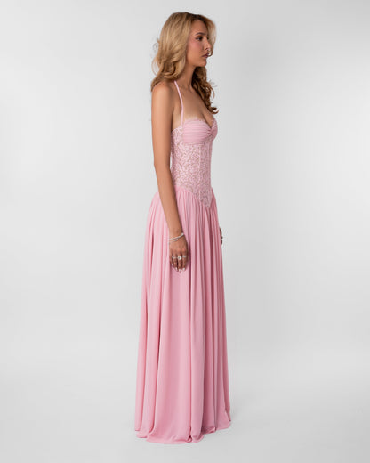 Women pink lace corset maxi dress with sweetheart neckline and lace up back