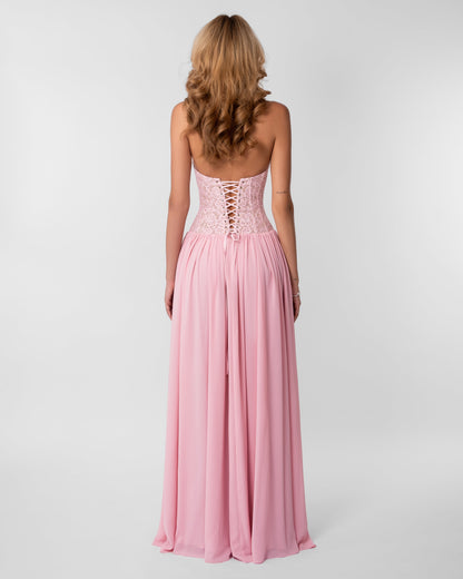 Women pink lace corset maxi dress with sweetheart neckline and lace up back