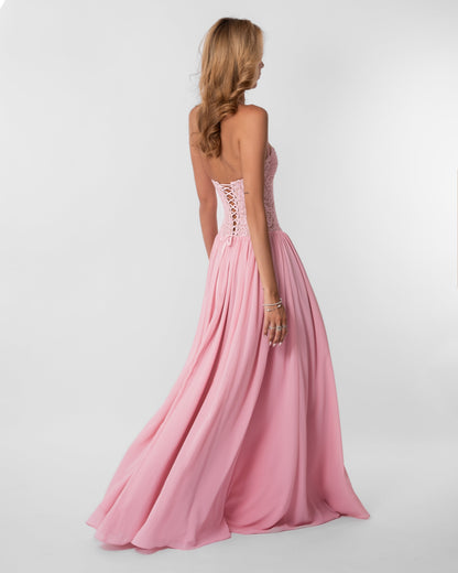 Women pink lace corset maxi dress with sweetheart neckline and lace up back