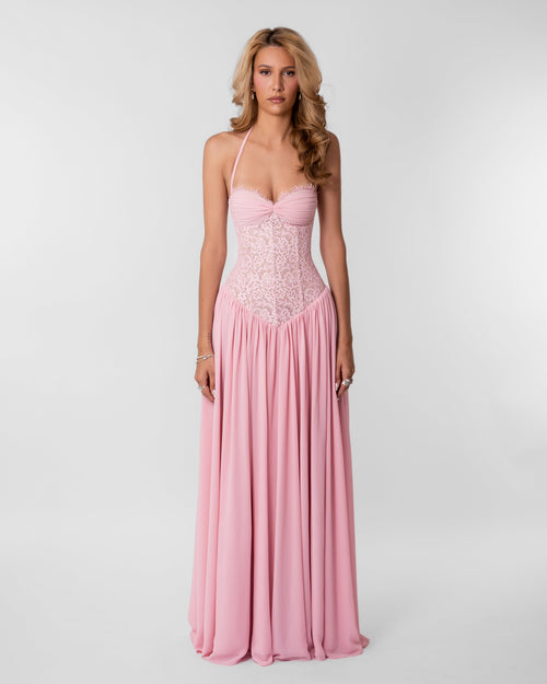 Women pink lace corset maxi dress with sweetheart neckline and lace up back