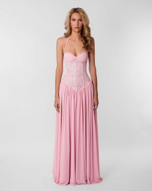 Women pink lace corset maxi dress with sweetheart neckline and lace up back