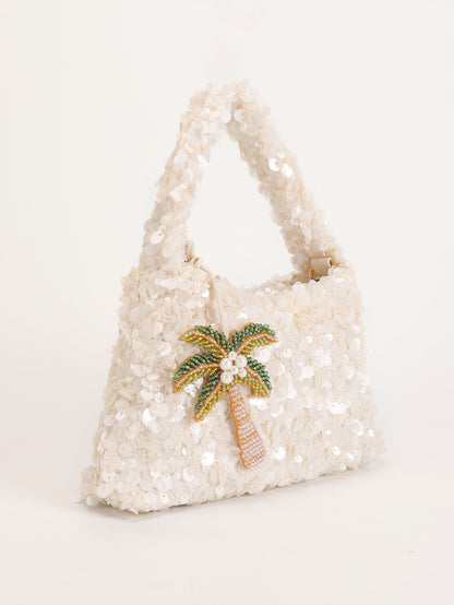 Women white shoulder bag with palm charm and sequin finish