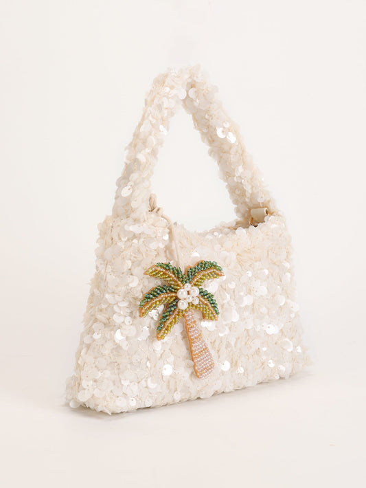 Women white shoulder bag with palm charm and sequin finish