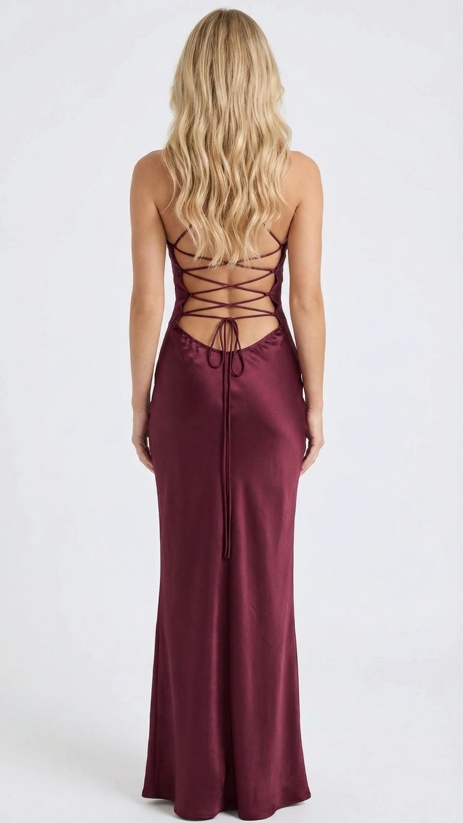 Women burgundy sequin maxi dress back view, displaying lace-up open back detail