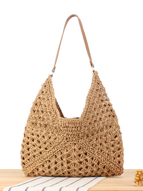 Women beige shoulder bag with crochet knit and embroidered detail