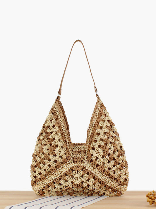 Women brown shoulder bag with crochet knit and embroidered detail