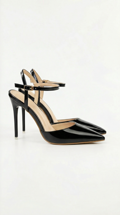 Women black heeled sandals with pointed toe and stiletto heel