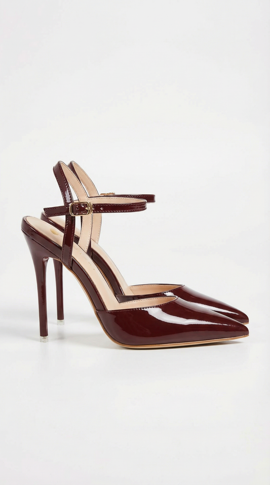 Women burgundy heeled sandals with pointed toe and stiletto heel