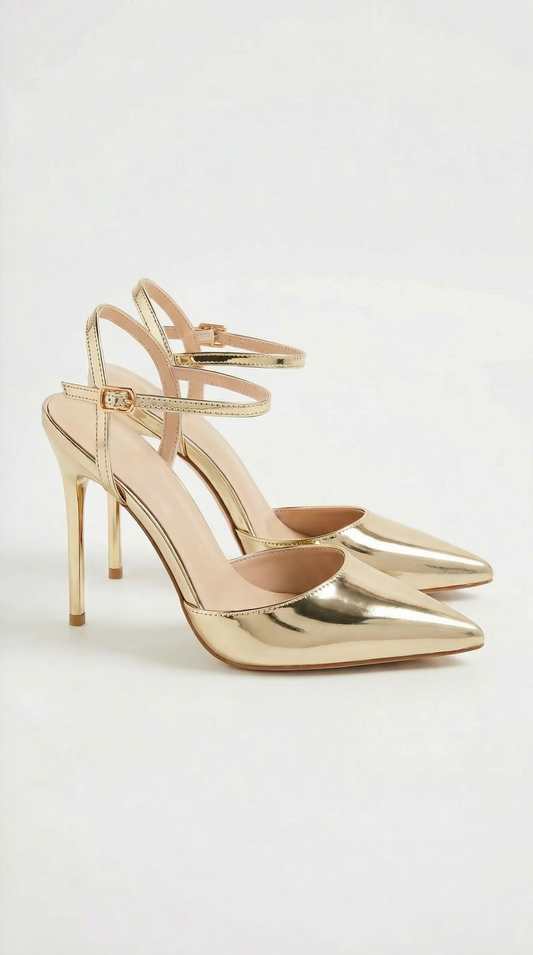 Women gold heeled sandals with pointed toe and stiletto heel