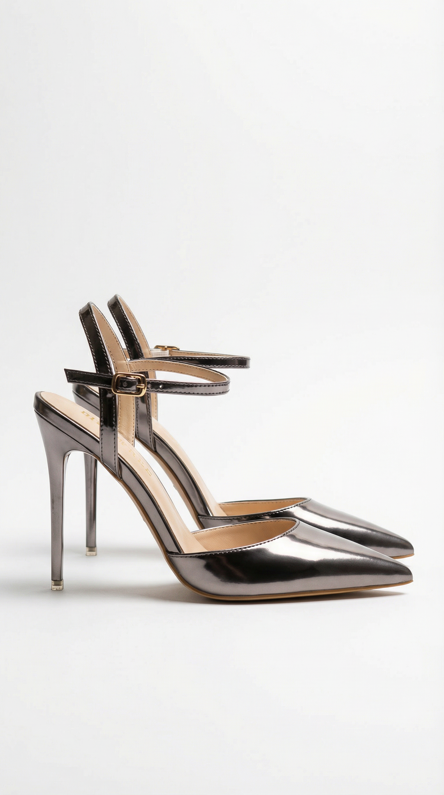 Women gunmetal heeled sandals with pointed toe and stiletto heel