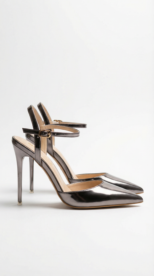 Women gunmetal heeled sandals with pointed toe and stiletto heel