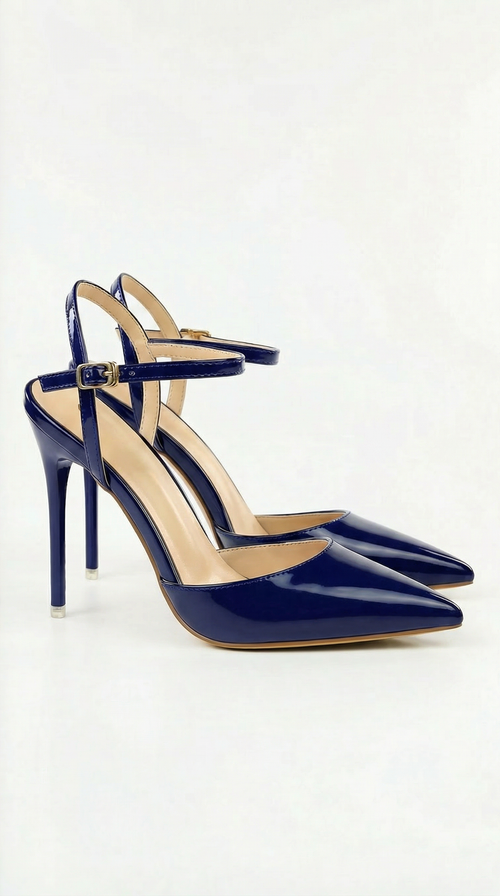 Women navy heeled sandals with pointed toe and stiletto heel