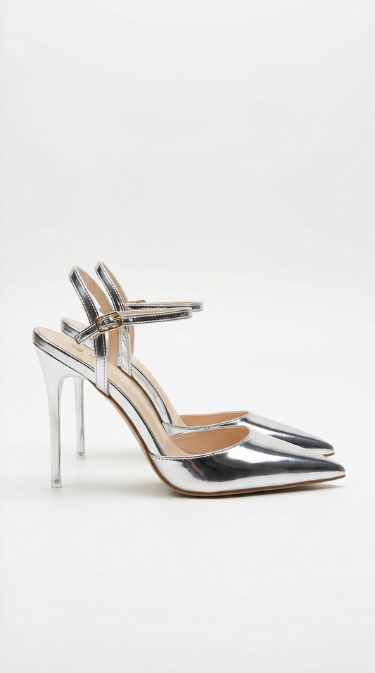 Women silver heeled sandals with pointed toe and stiletto heel
