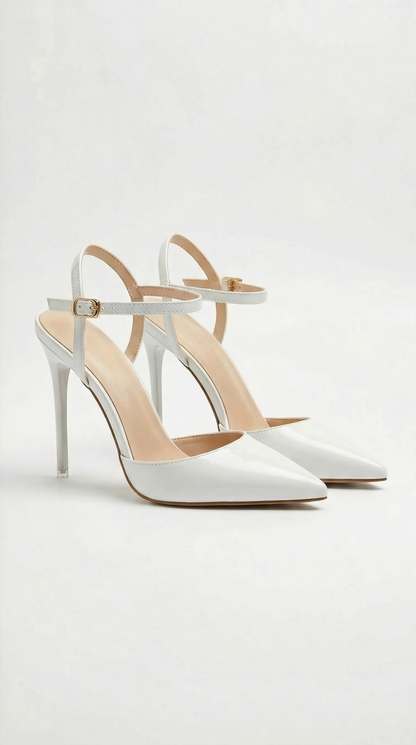 Women white heeled sandals with pointed toe and stiletto heel