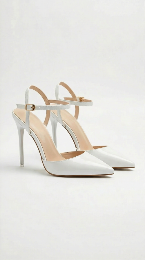 Women white heeled sandals with pointed toe and stiletto heel