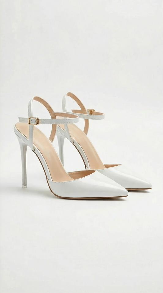 Women white heeled sandals with pointed toe and stiletto heel