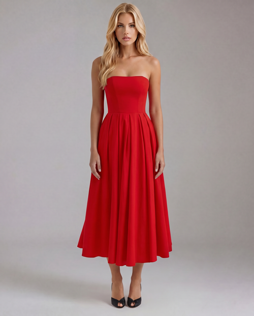 Juliana Strapless Midi Dress - Red