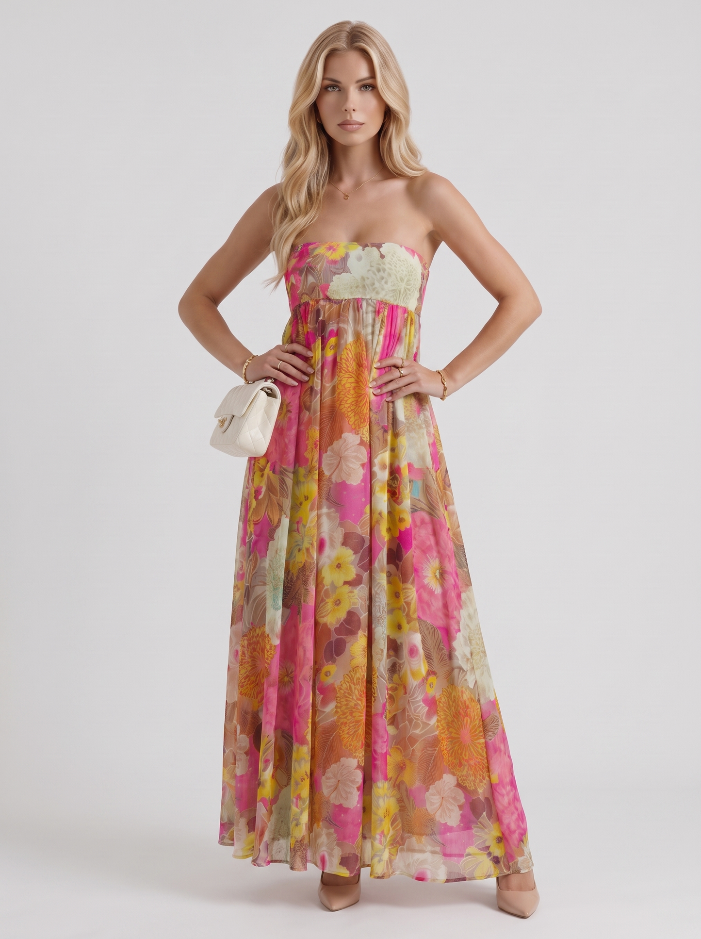 Women multicolor strapless maxi dress with strapless bandeau and floral print