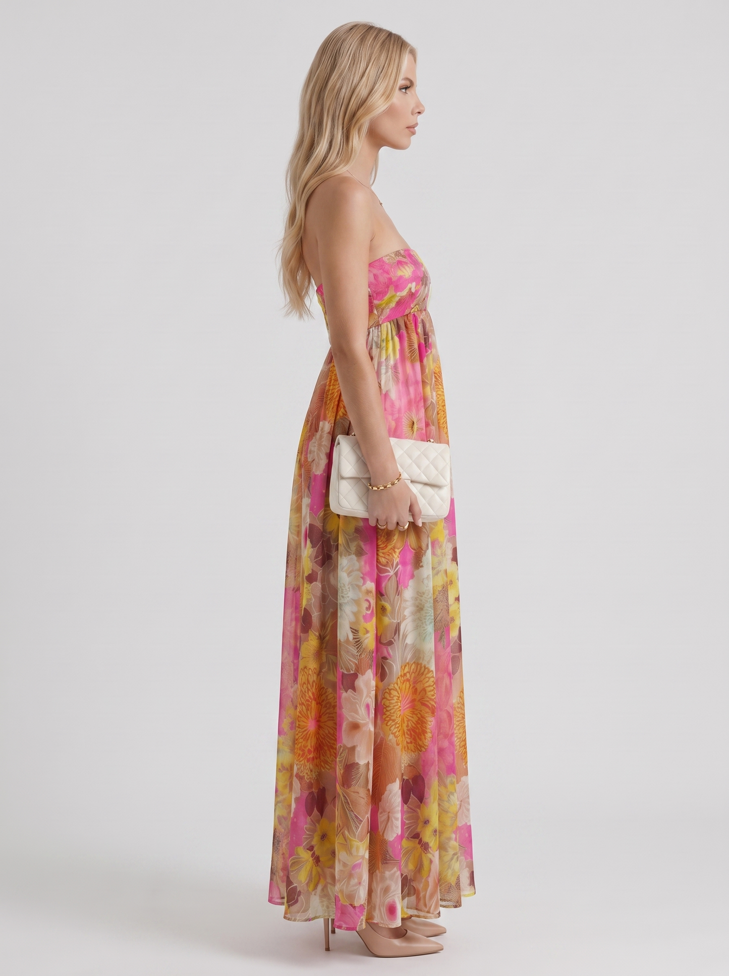 Women multicolor strapless maxi dress with strapless bandeau and floral print