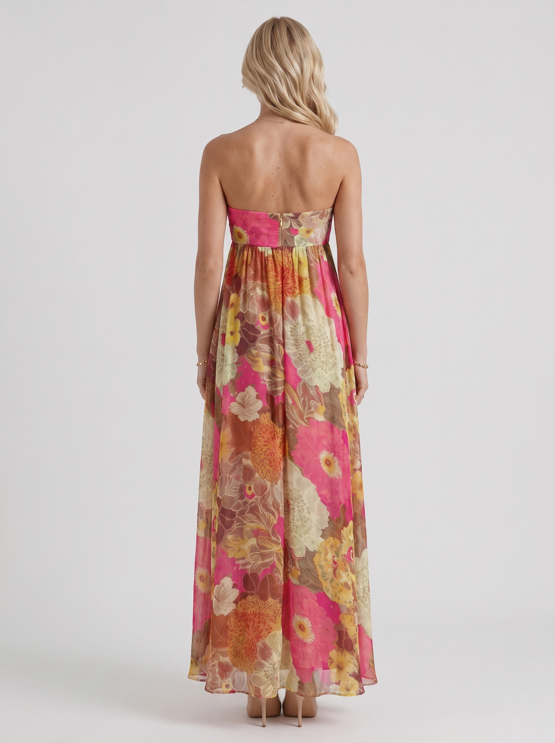 Women multicolor strapless maxi dress with strapless bandeau and floral print