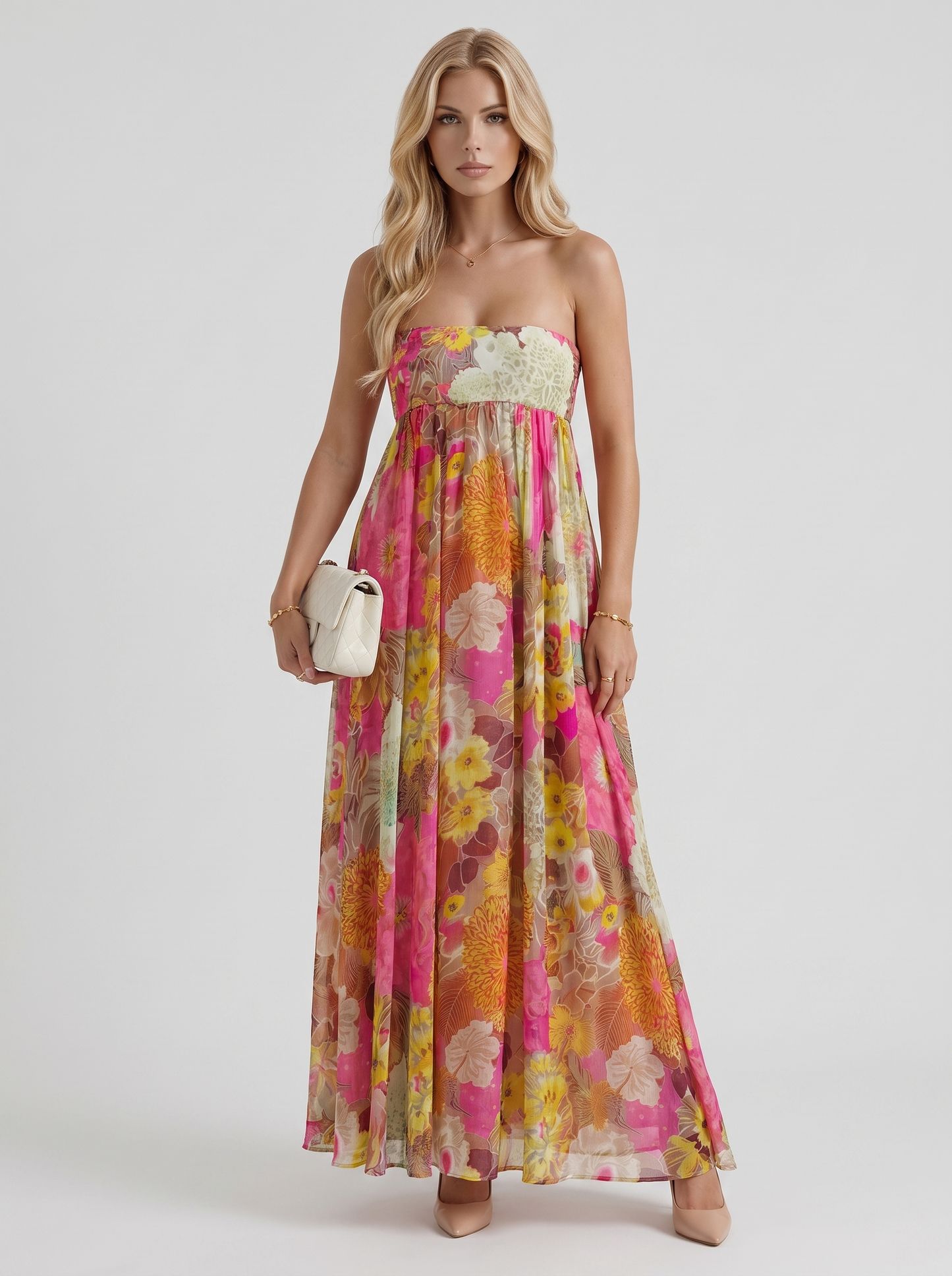 Women multicolor strapless maxi dress with strapless bandeau and floral print