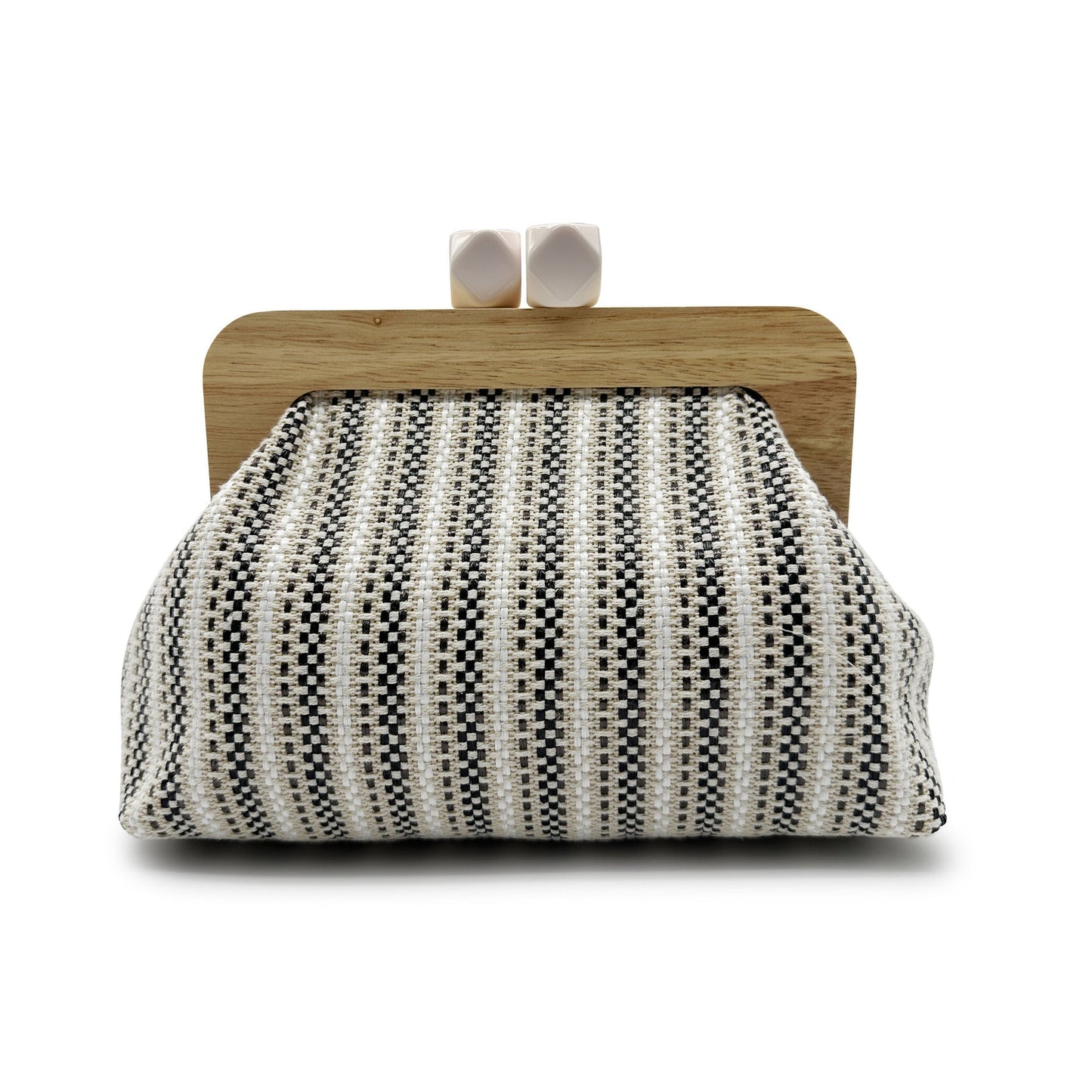 Women black clutch bag with wooden frame and woven body