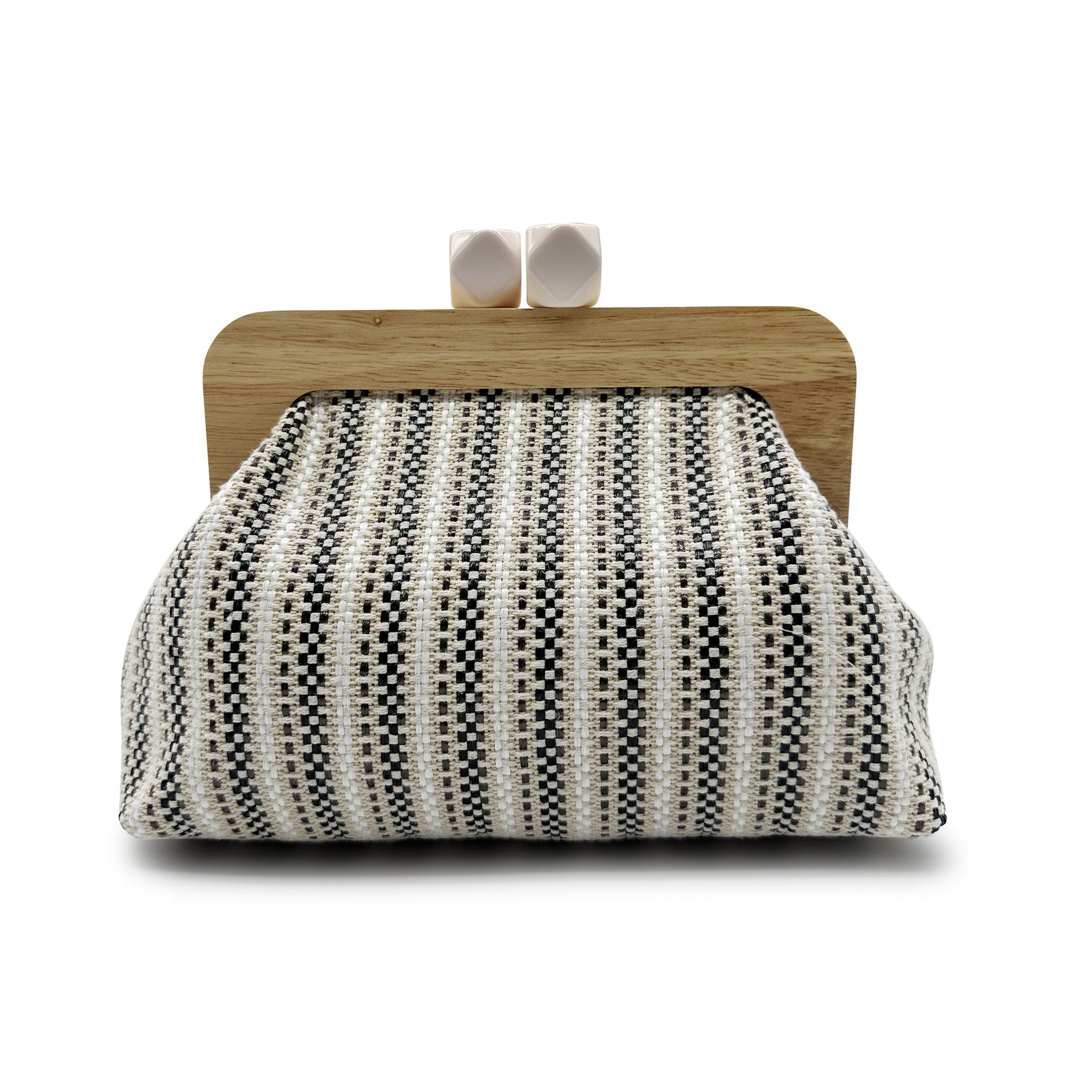 Women black clutch bag with wooden frame and woven body