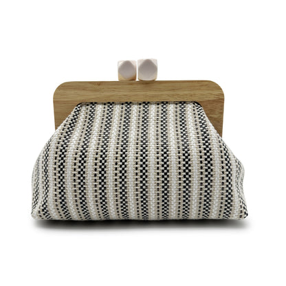Women black clutch bag with wooden frame and woven body