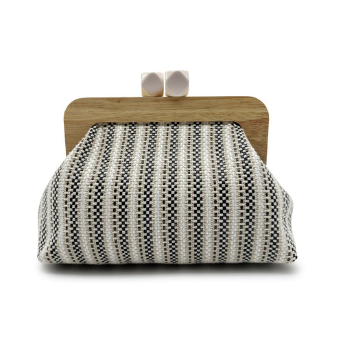 Women black clutch bag with wooden frame and woven body