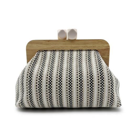 Women black clutch bag with wooden frame and woven body