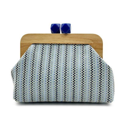 Women blue clutch bag with wooden frame and woven body