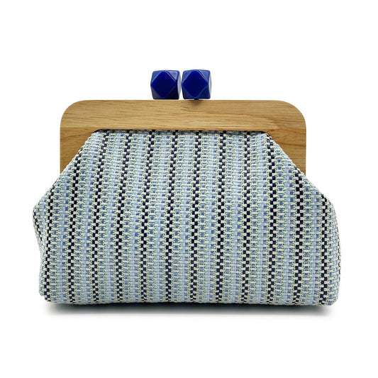 Women blue clutch bag with wooden frame and woven body