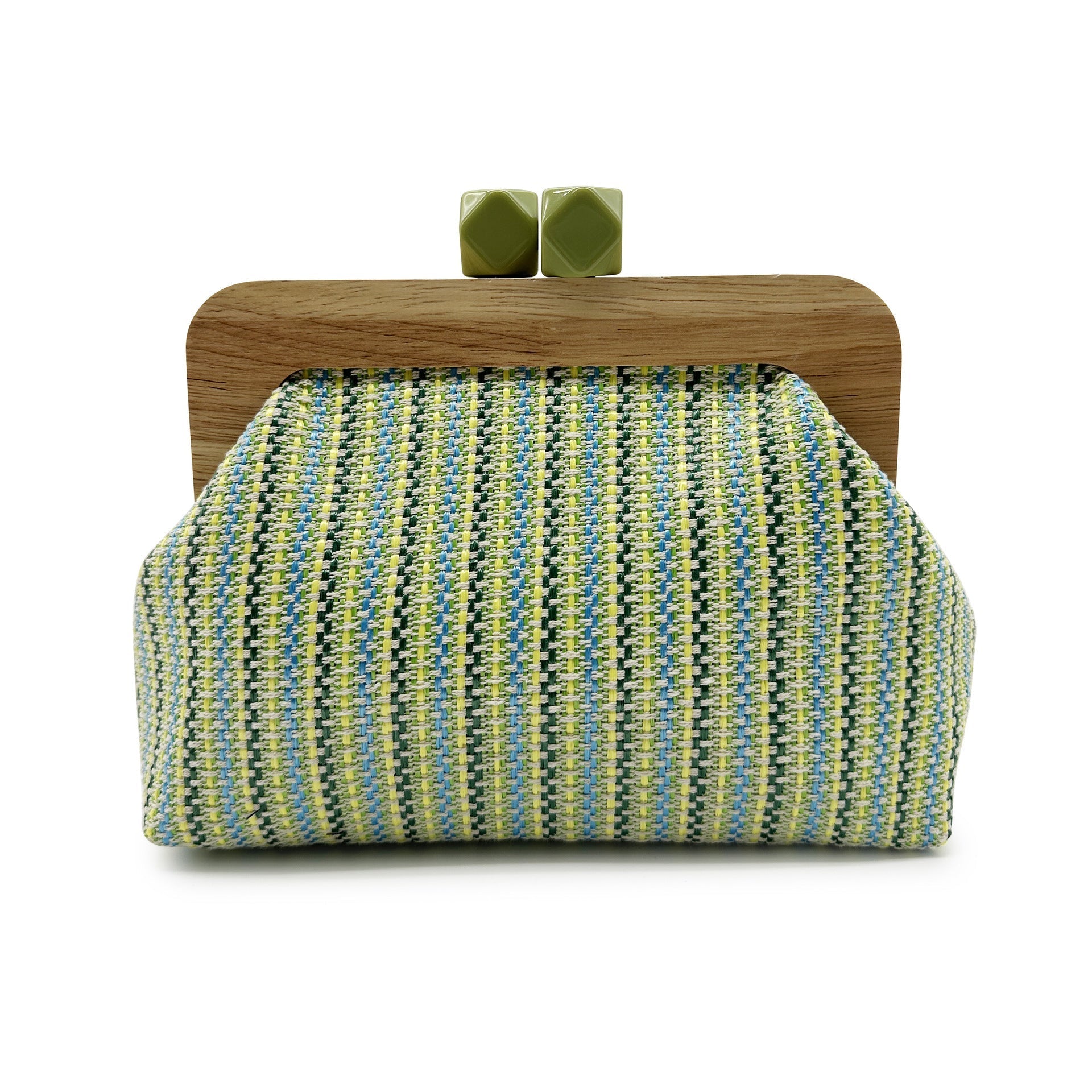 Women green clutch bag with wooden frame and woven body