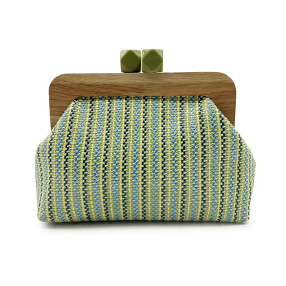 Women green clutch bag with wooden frame and woven body