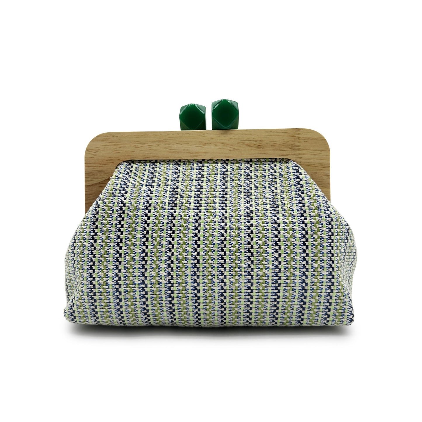 Women green clutch bag with wooden frame and woven body