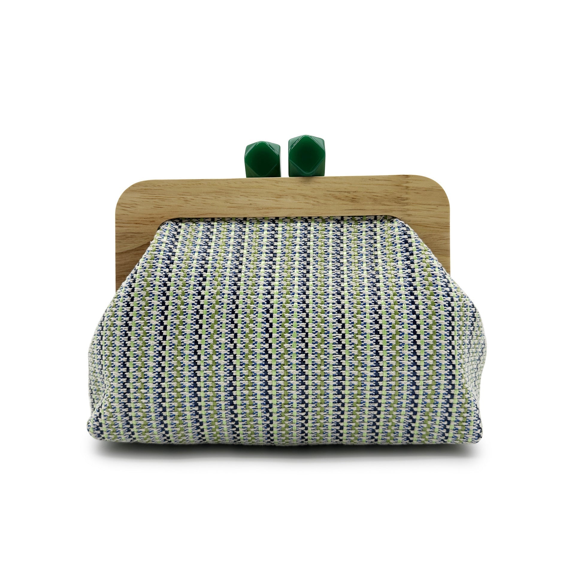 Women green clutch bag with wooden frame and woven body