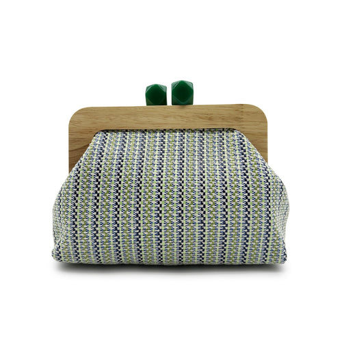 Women green clutch bag with wooden frame and woven body