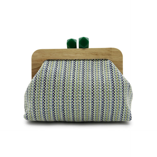 Women green clutch bag with wooden frame and woven body