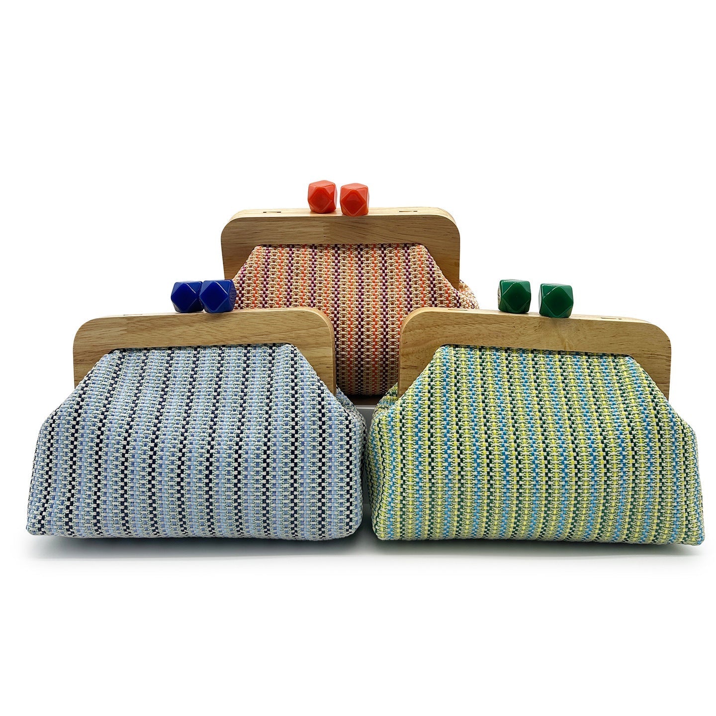 Women light green clutch bag with wooden frame and woven body