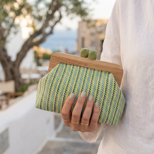 Women light green clutch bag with wooden frame and woven body