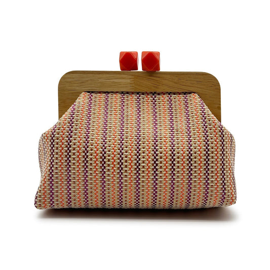 Women orange clutch bag with wooden frame and woven body