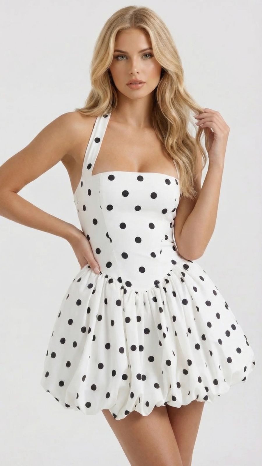 halter neck polka dot mini dress Peggy | White & Black Polka Dot Halter-Neck Skater Mini Dress
