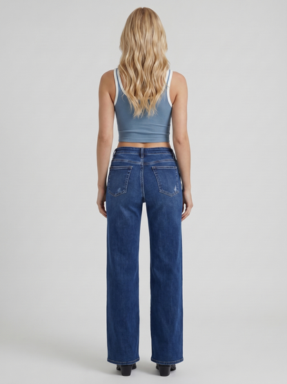 Women dark blue high rise wide leg jeans, back view